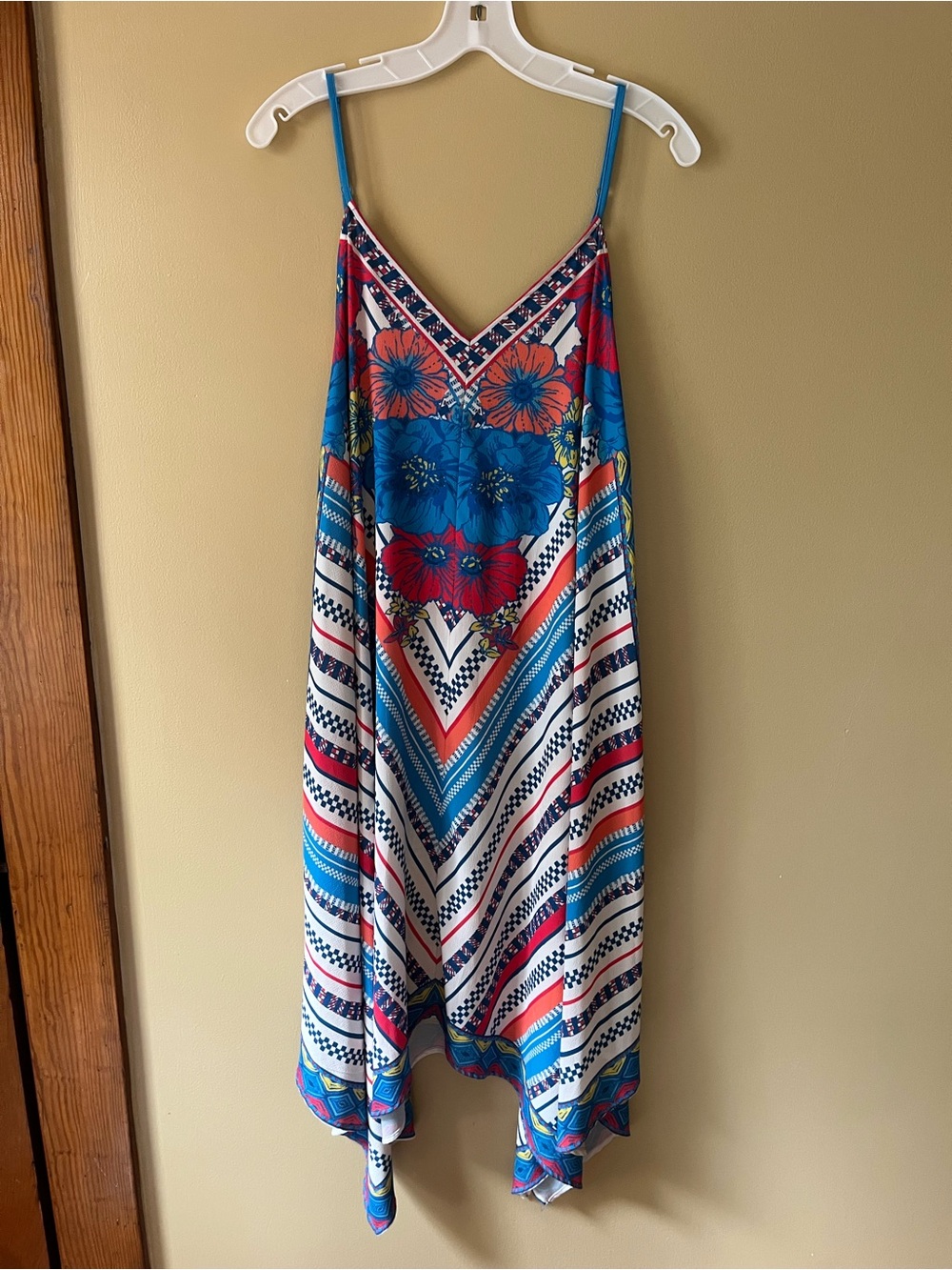 Flying Tomato Blue & Red Floral Chevron Midi Hankerchief / Scarf Dress